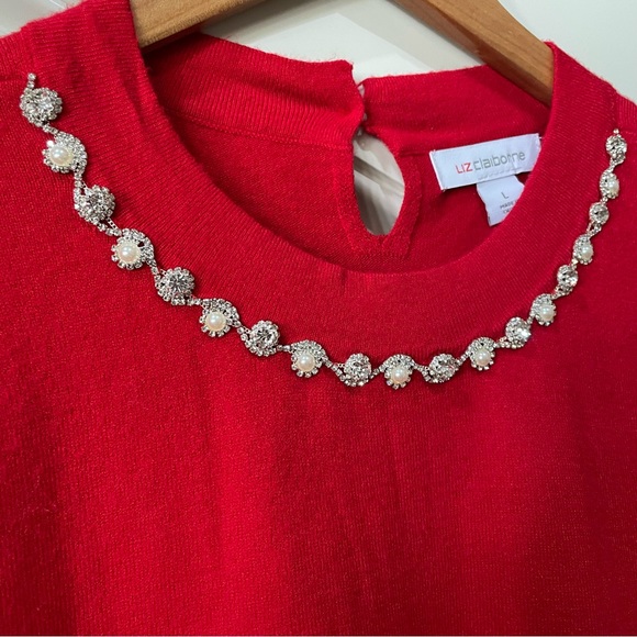 Liz Claiborne•Diamond Rhinestones & Pearls•Neckline Red Sweater•Large - Picture 3 of 9